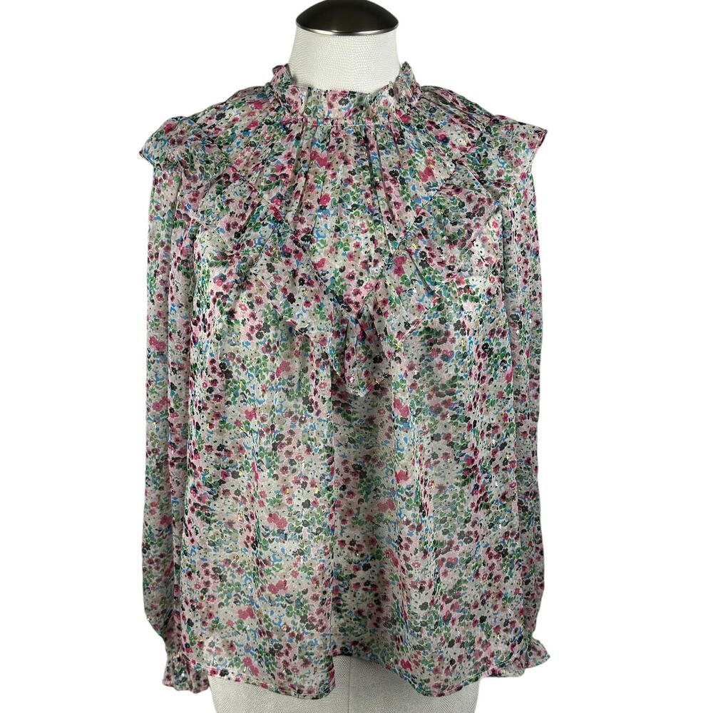 Boden Floral Ruffle-Neck Blouse in Cream, Pink, Green, Blue